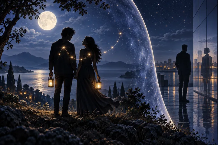 Two silhouetted people holding lanterns stand beside a lake under a large starry arc, while a solitary figure stands near reflective glass buildings in the distance.