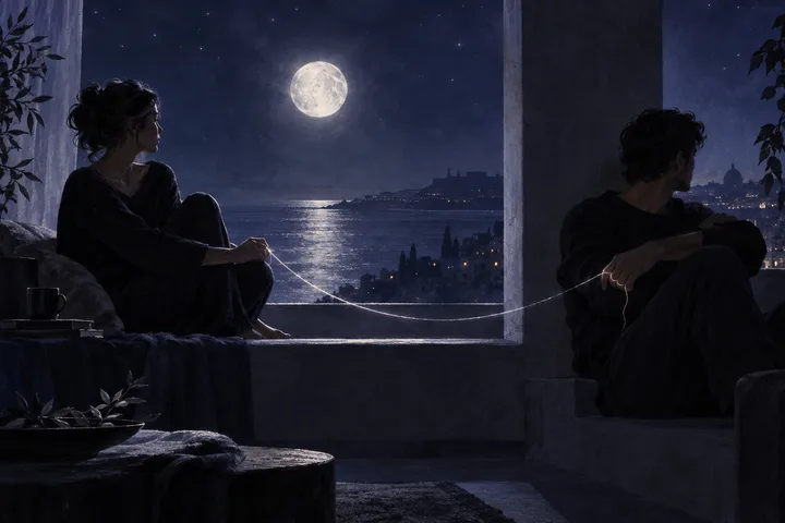 Two silhouetted people sit apart on opposite sides of a moonlit room, connected by a thin glowing line across the open window.