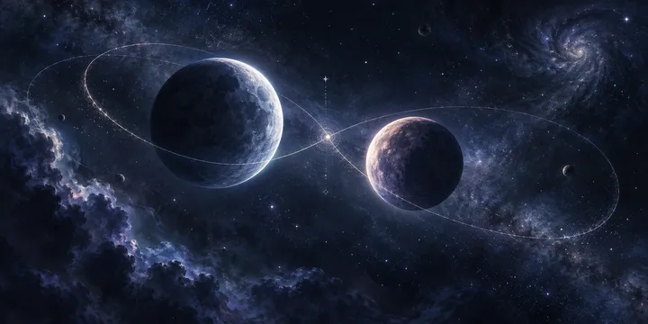 Two illuminated planets follow intersecting orbital paths through an indigo star field.
