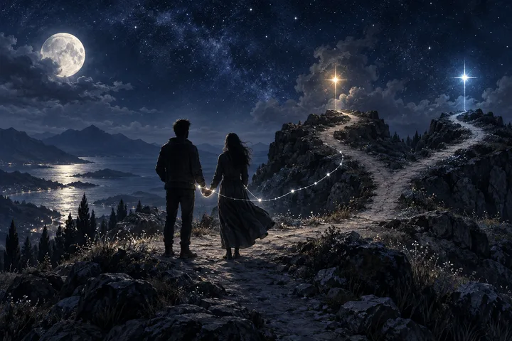 A couple holds hands at a forked mountain path beneath a full moon and two bright stars.
