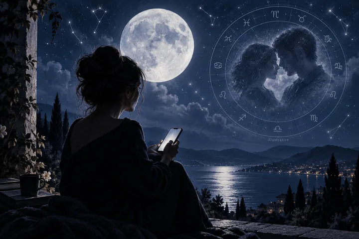 A person sits by a moonlit lake holding a phone. A full moon, stars, and a circular design with two facing profiles appear in the sky.