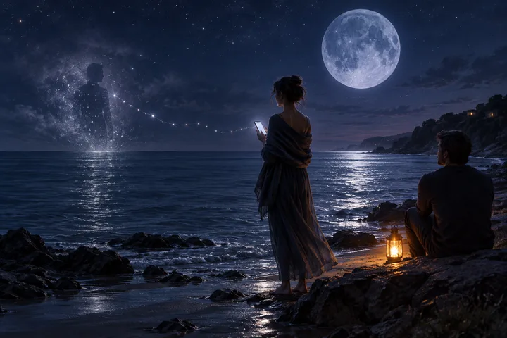 At night on a rocky shore, one person stands holding a phone while another sits beside a glowing lantern. A full moon and a starry human-shaped figure appear over the sea.
