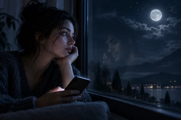 A person holds a phone while looking out a window at a moonlit lake. The window reflects the person's face, with clouds and stars around the moon.