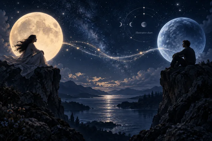 Moonlit indigo scene of two luminous paths meeting beneath a star-filled sky, with an open doorway marking a relationship changing form.