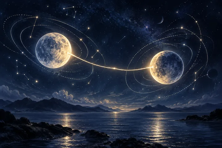 Moonlit indigo scene of two hands tending a small glowing constellation beside a quiet window, showing care practiced in ordinary life.
