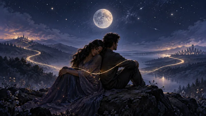 A couple sits beneath a full moon as warm luminous paths diverge across an indigo landscape, symbolizing tenderness through different futures.