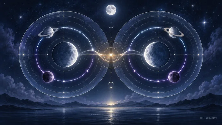 Two generic luminous orbital chart motifs meet through a balanced bridge of light over a moonlit indigo sea, marked ILLUSTRATIVE.