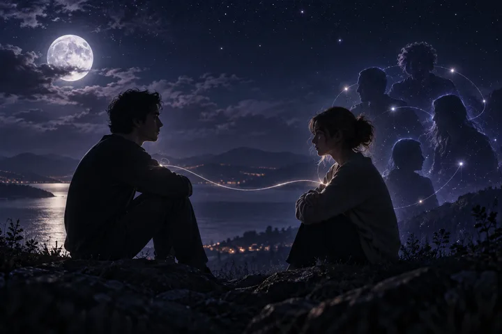 Two people sit apart on a rocky hillside beneath a full moon, with glowing star-outlined figures in the sky above a lake.