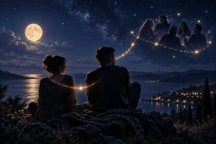 Two people sit side by side facing a moonlit lake, connected by a glowing line to a group of figures in the starry sky.
