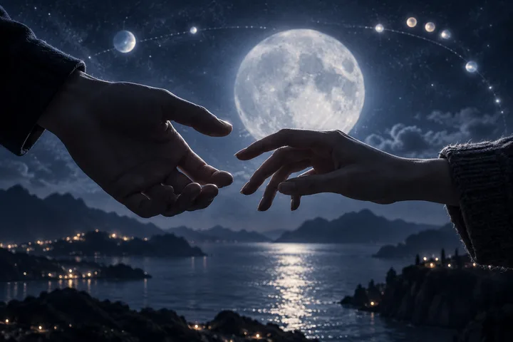 Two hands reach toward each other in front of a full moon over a lake, beneath an arc of small moon-like spheres.