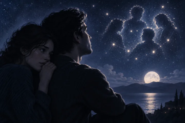 Two people sit close together under a starry sky, looking toward glowing outlined figures above a moonlit lake.