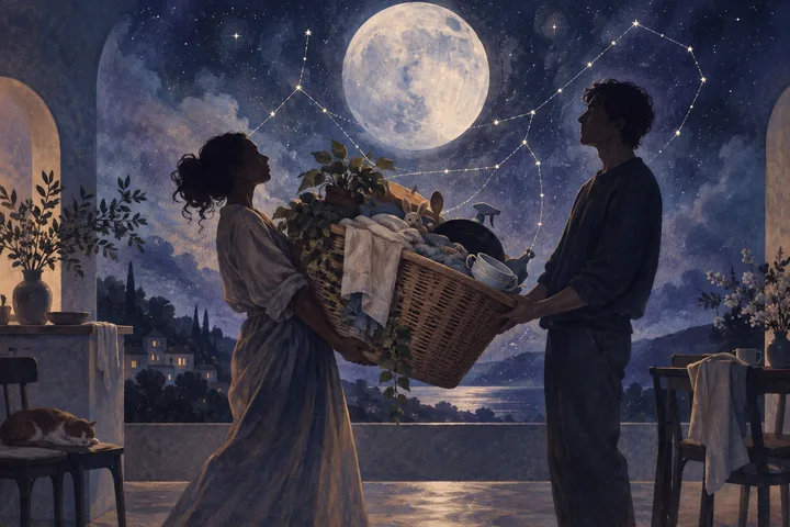 Two people carry a large basket filled with laundry and household items on a moonlit balcony beneath stars and constellation lines.