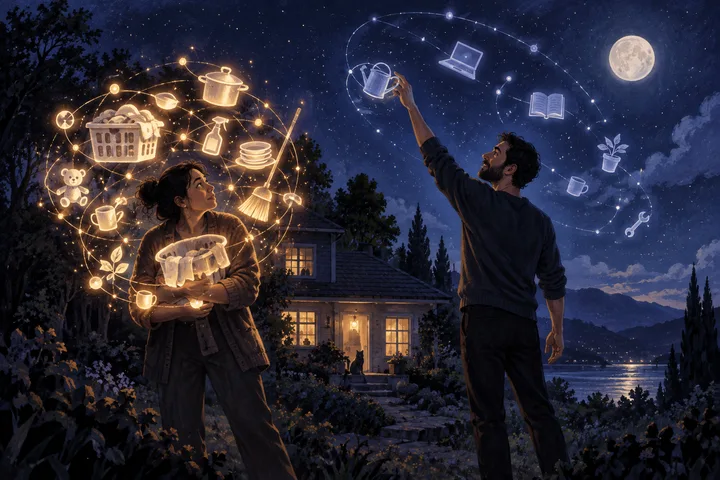 Outside a house at night, one person holds a laundry basket while glowing household symbols surround them and another person reaches toward a watering can in the sky.