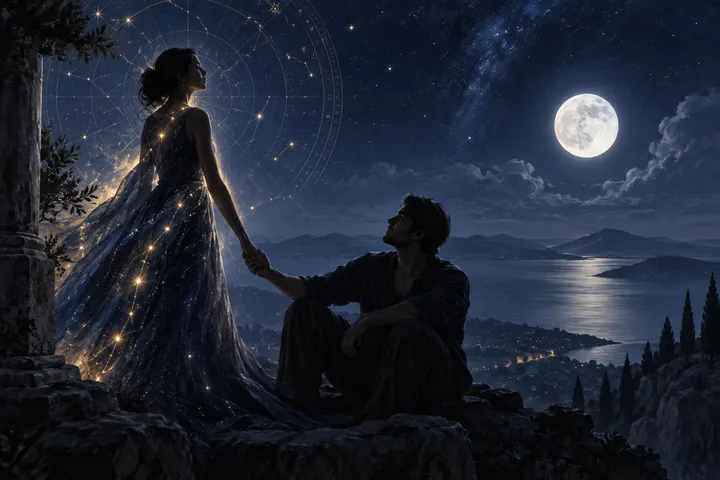 A starry woman and seated man hold hands on a rocky overlook beneath a full moon and circular chart lines.