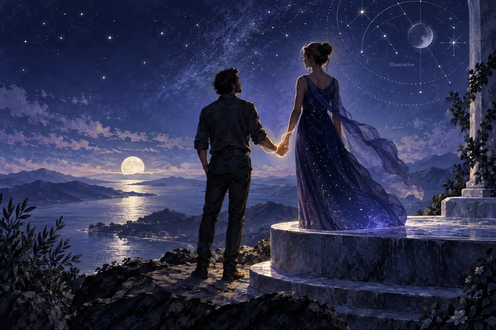 A woman in a flowing blue dress leads a man up moonlit stone steps beside a small glowing chart marked illustrative.