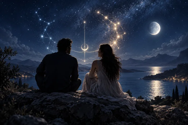 Two seated figures face separate bright constellations linked by a central crescent symbol over a moonlit lake.
