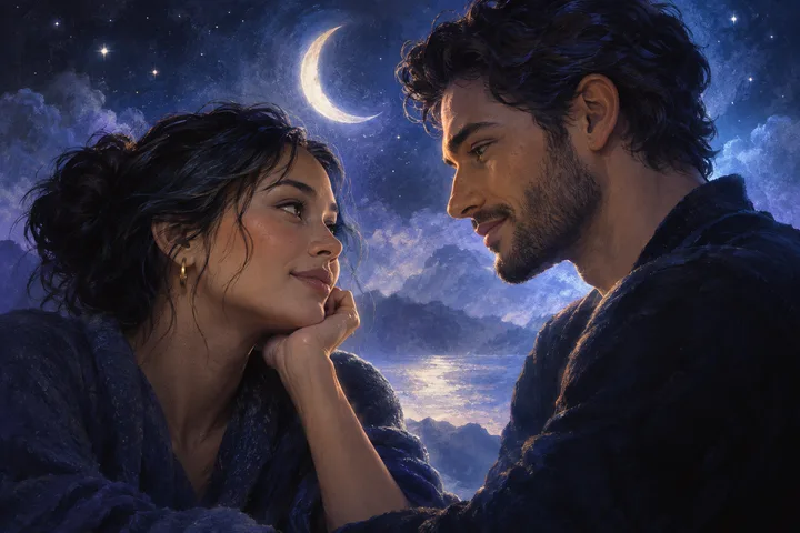 A woman and man meet each other’s gaze in close-up beneath a crescent moon and violet clouds.