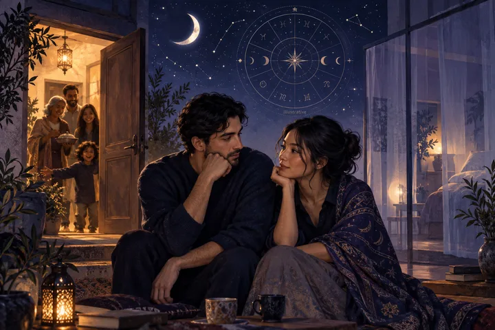 Editorial illustration accompanying: How should a meaningful couple handle different cultural rules about hospitality, privacy, and unannounced family visits?