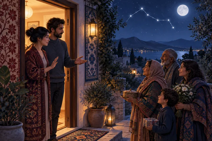 Editorial illustration accompanying: How should a meaningful couple handle different cultural rules about hospitality, privacy, and unannounced family visits?