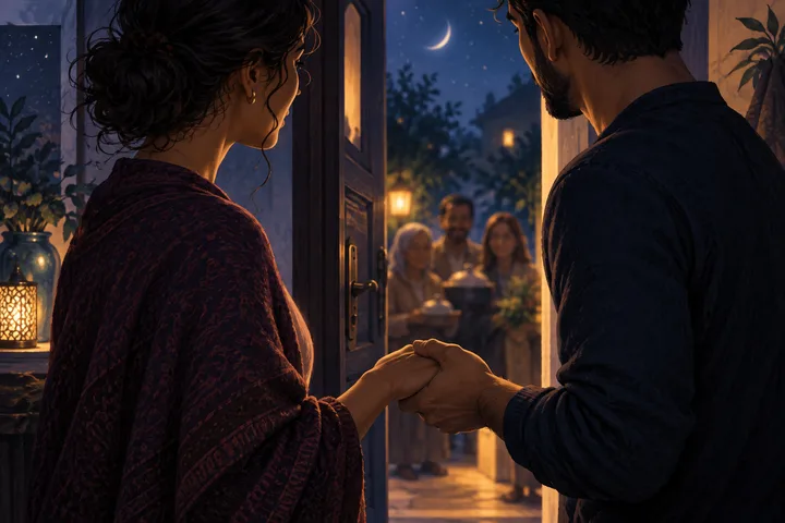 Editorial illustration accompanying: How should a meaningful couple handle different cultural rules about hospitality, privacy, and unannounced family visits?