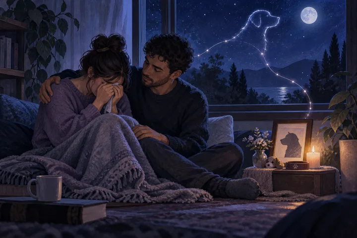 Editorial illustration accompanying: How should a meaningful couple handle a pet's death when one person experiences it as family loss and the other does not?