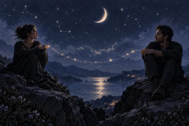 Two people sit on separate rocky overlooks across a moonlit bay, connected by a gentle arc of light beneath a crescent moon.