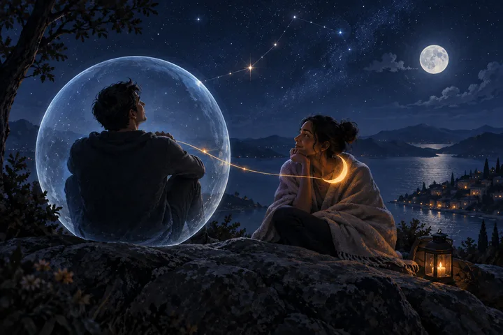 A couple sits beneath a full moon beside a lake, with one person inside a translucent sphere and a glowing line connecting them.