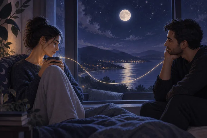 Two people face each other across a moonlit window, joined by a glowing curved line above the lake outside.
