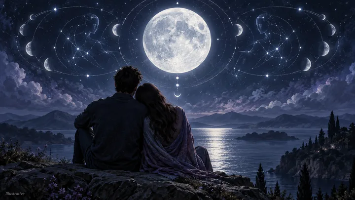 Illustrative hero scene of a couple seated on a rocky lakeshore beneath a full moon, with constellations and moon phases across the indigo sky.