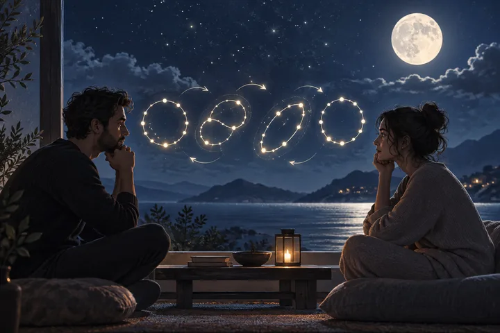 Illustrative support scene of two partners facing each other across a low table beside a moonlit lake, linked by looping star paths.