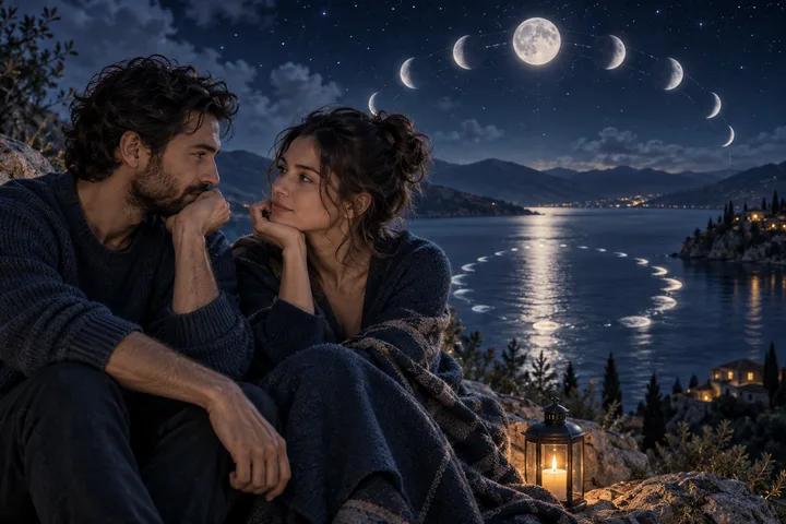 Illustrative close scene of a couple sitting beneath a row of moon phases, reflected in a lake beside a glowing foreground lantern.