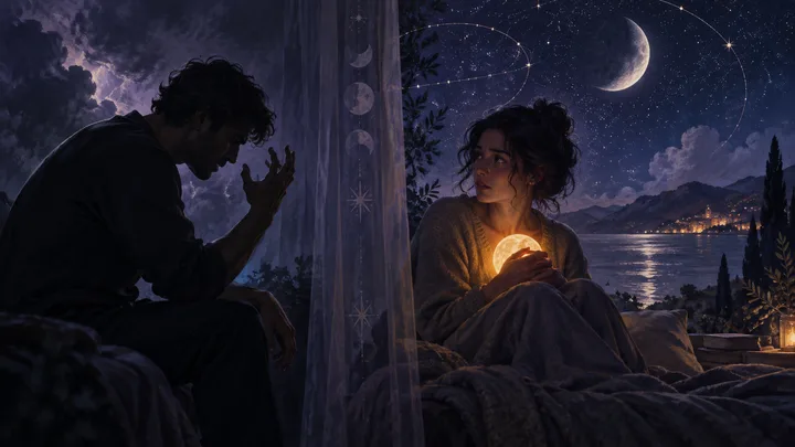 Moonlit indigo couple beneath an illustrative zodiac sky, holding tenderness and tension in the same frame.