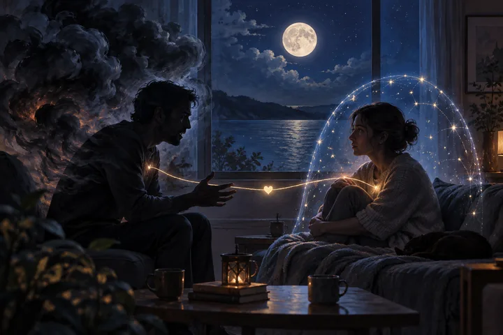 Illustrative Moon-Mars symbolism: warm lunar light meets a sharp red planetary spark above two uneasy figures.
