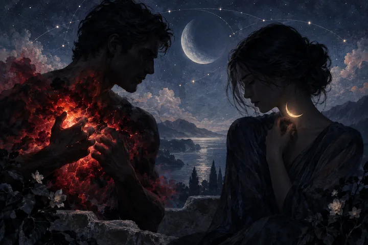 Close editorial view of a guarded speaker and a bright red Mars-like glow in a moonlit indigo room.