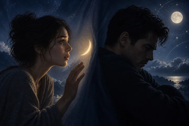 Illustrative night-sky scene with two figures facing a calm lunar path, suggesting pause, return, and repair.