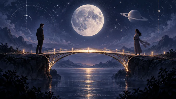 Two figures face each other across a softly glowing bridge beneath a large moon and subtle ringed planet in a calm indigo night, symbolizing trust rebuilt through patience and shared commitment.