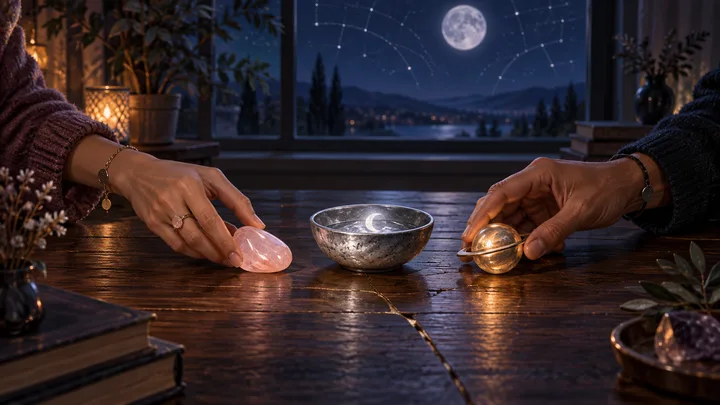 Two pairs of hands place a rose-colored stone, silver moon bowl, and small ringed orb on a repaired dark wood table beneath an indigo moonlit window, symbolizing affection, emotional safety, dependable care, and healing limits.