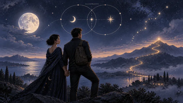 Two people hold hands on a rocky overlook above a moonlit lake and mountain valley. A full moon, stars, circular celestial line art, and the word "ILLUSTRATIVE" appear in the sky.