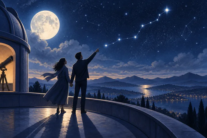 Two people hold hands on an observatory terrace while one points toward stars above a moonlit mountain lake.