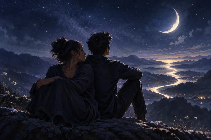 Two people sit together on a rocky overlook beneath a crescent moon, facing a glowing river winding through a mountain valley.