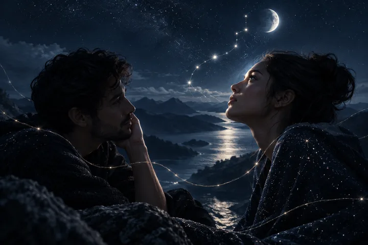 Two people sit close together on a rocky overlook beside a moonlit body of water, with a crescent moon and a curved line of stars overhead.