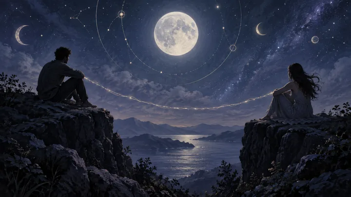 Two silhouetted people sit on separate rocky cliffs above a moonlit sea, connected by a glowing line beneath a large full moon and starry sky.
