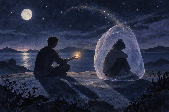 Two silhouetted people sit by a moonlit sea; one holds a glowing orb while the other sits inside a translucent dome.