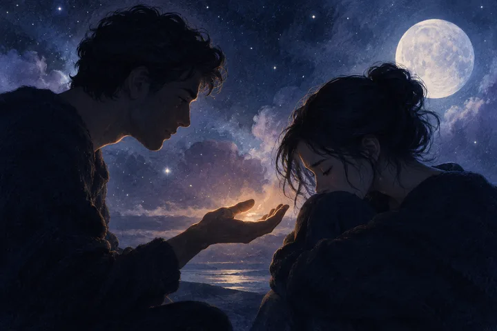 In a moonlit coastal scene, one silhouetted person extends a glowing hand toward another person sitting curled up nearby.