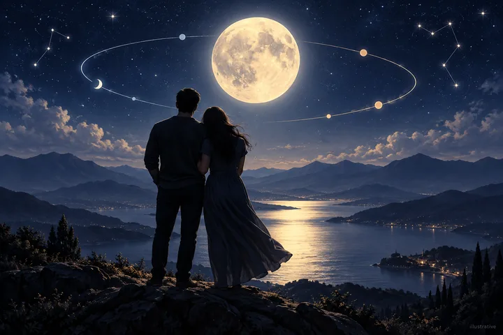 Two people stand on a rocky overlook above a lake, facing a large full moon, mountains, and a star-filled sky with an orbital line and small colored spheres.