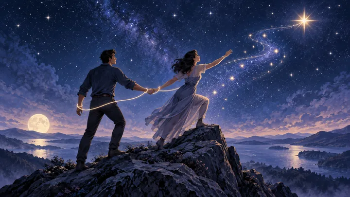 Two people hold hands on a mountain ridge beneath the Milky Way as a glowing trail of stars curves toward a bright star in the sky.