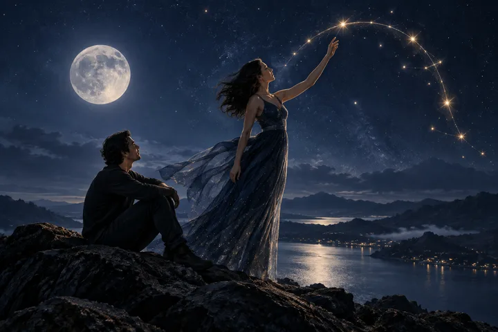 A seated person looks toward another person standing on a rocky overlook and reaching toward a curved line of glowing stars beneath a full moon.