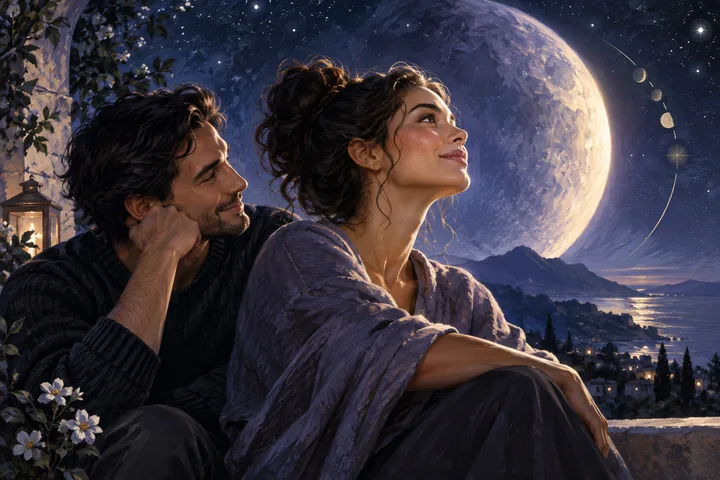 Two people sit together beside a lantern and flowering tree, looking toward the night sky with a huge moon, stars, and a distant lakeside town.