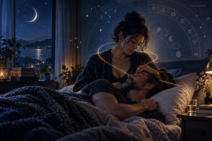 Two adults lie together on a bed in a dim room, with one resting a hand on the other's forehead. A crescent moon, stars, and a circular zodiac-style design appear behind them.