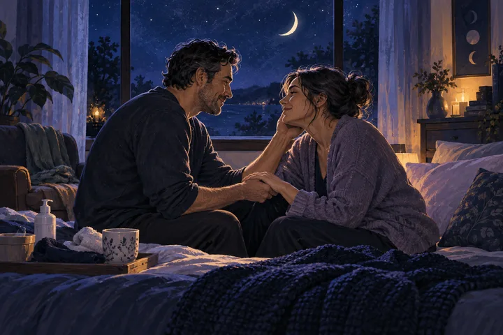 Two adults sit facing each other on a bed, holding hands while one gently touches the other's face. A crescent moon is visible through the window, with a tray and mug nearby.